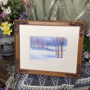 . Vintage Winter Woodland Watercolor Painting by Oneida Hammond - 11x9" Framed